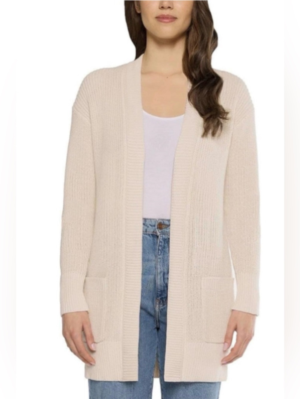 Max & Mia 100% Cotton Shaker Stitch Open Front Cardigan Sweater Cream Sz Medium